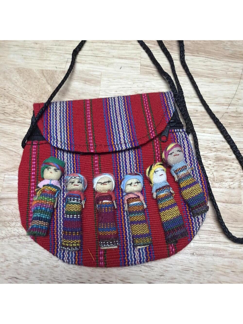 Colorful Guatemalan Worry Doll Pouch Purse Handmade Cloth Traditional Mostly Red